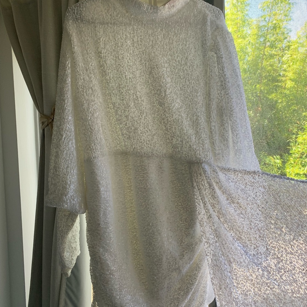Sequin Puff Sleeve Draped Mini Dress White color size 14
